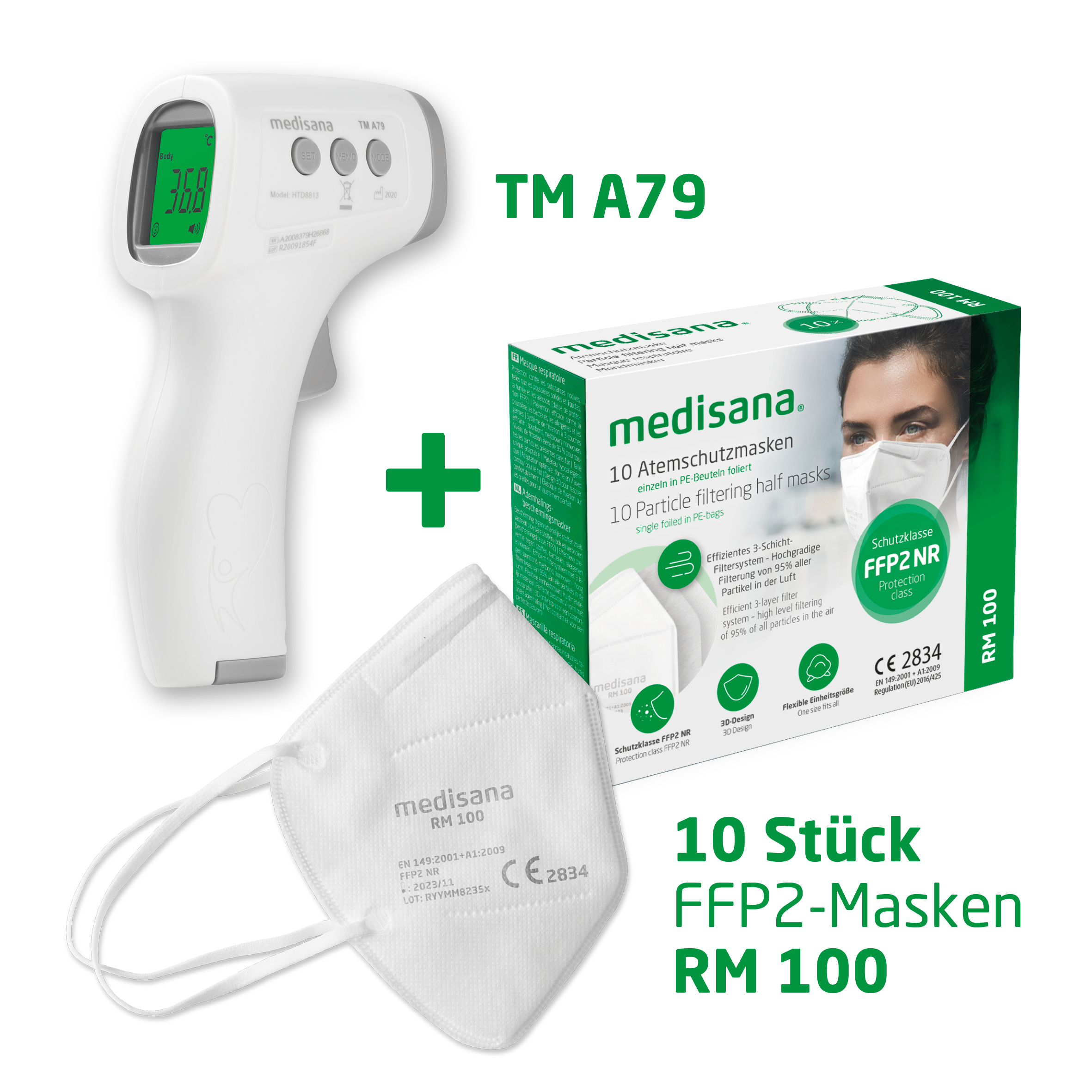 Infrarot-Thermometer TM A79 inkl. RM 100 FFP2 Masken (10er Paket)