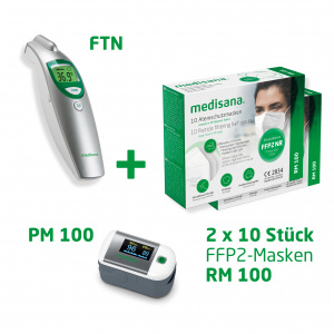 PM 100 + RM 100 + FTN | Pulsoximeter PM 100 + FFP2 Masken RM 100 (2x 10er Paket) + Thermometer FTN 