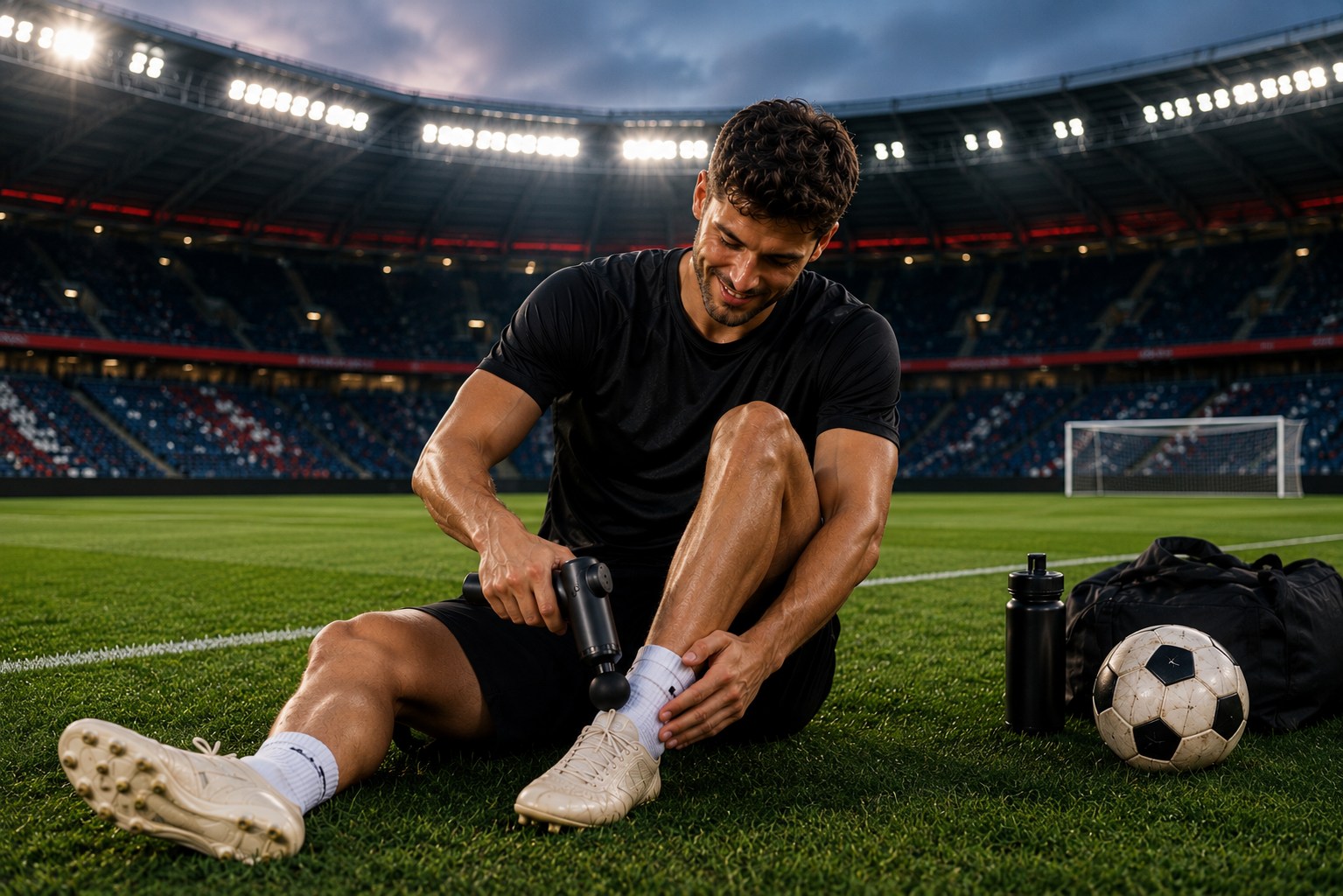 Sportler benutzt Massage Gun am Spielfeldrand