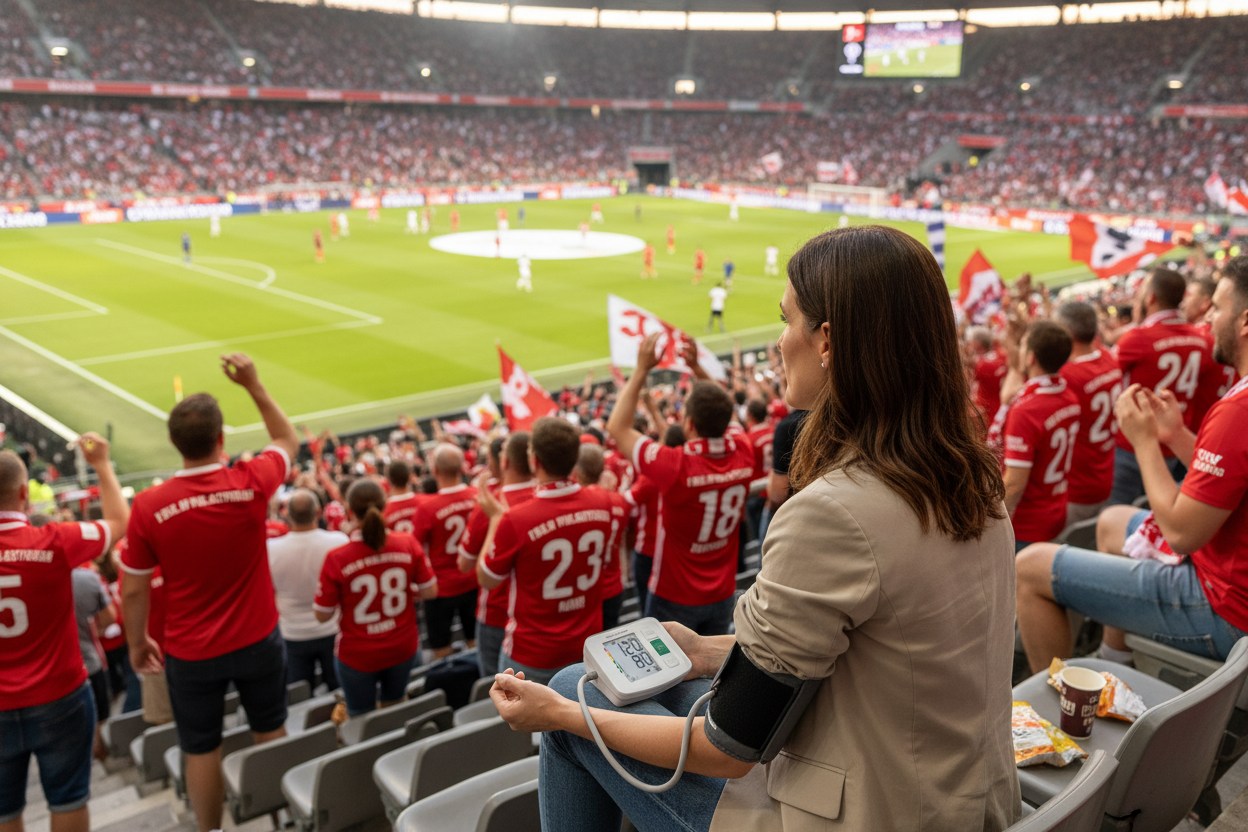 Frau misst Blutdruck mit BU 512 mitten im Stadion während eines spannenden Spiels